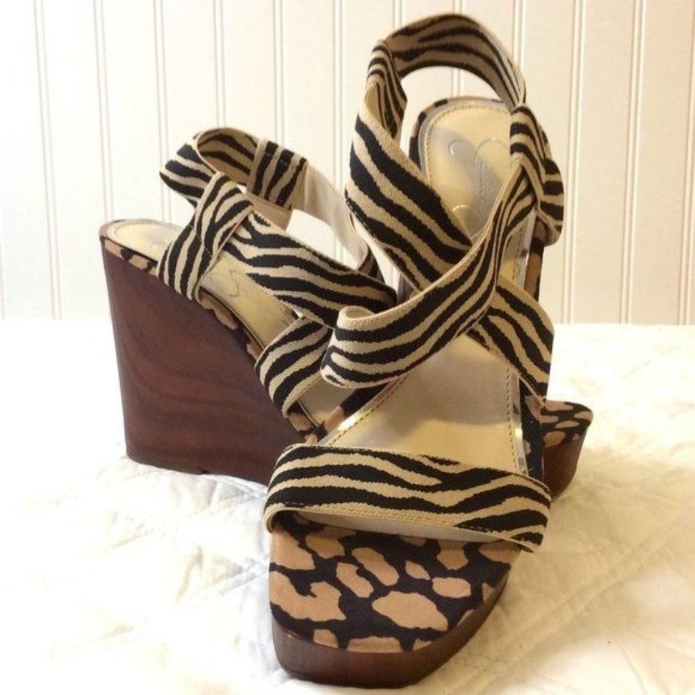 Jessica Simpson Womens Black Ivory Zebra Print Chunky Wedge Heel Size 9 NWOT